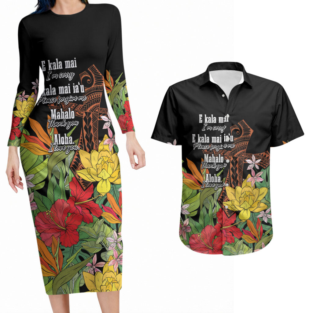 Mahalo Hawaii Ho'oponopono Pule Couples Matching Long Sleeve Bodycon Dress and Hawaiian Shirt Polynesian Pattern Cross LT7 Black - Polynesian Pride