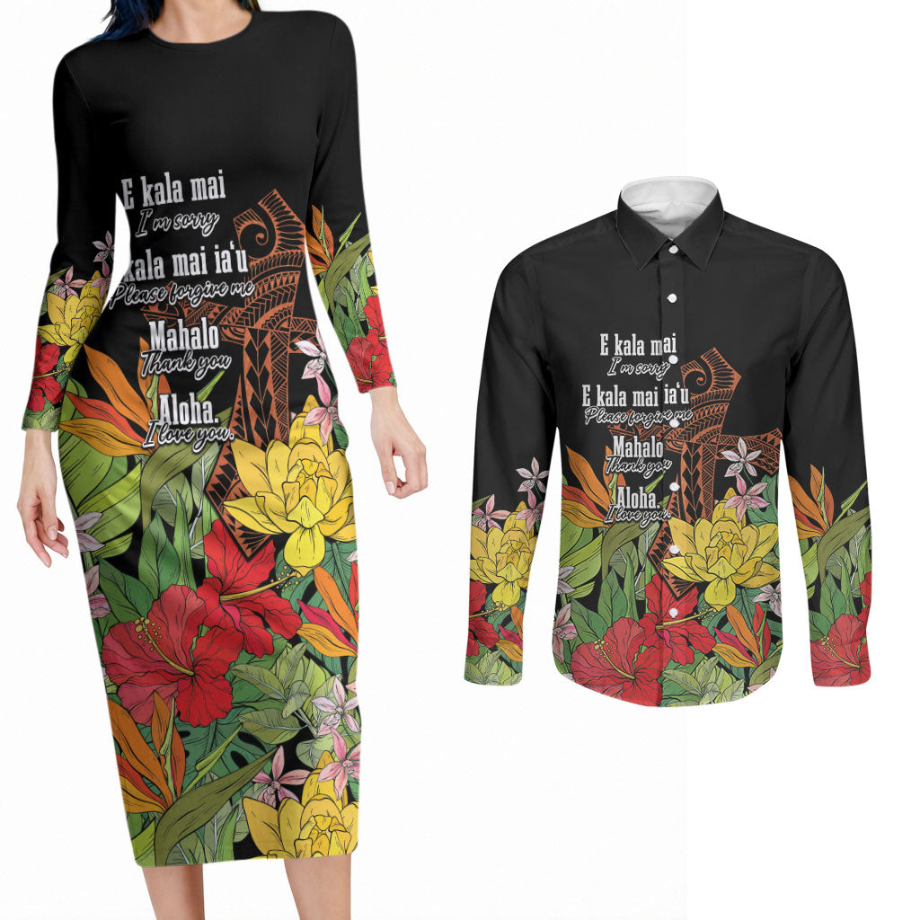Mahalo Hawaii Ho'oponopono Pule Couples Matching Long Sleeve Bodycon Dress and Long Sleeve Button Shirt Polynesian Pattern Cross