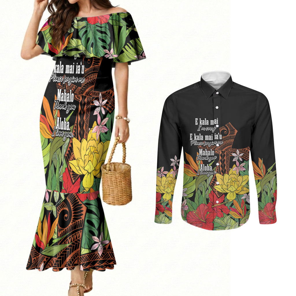 Mahalo Hawaii Ho'oponopono Pule Couples Matching Mermaid Dress and Long Sleeve Button Shirt Polynesian Pattern Cross