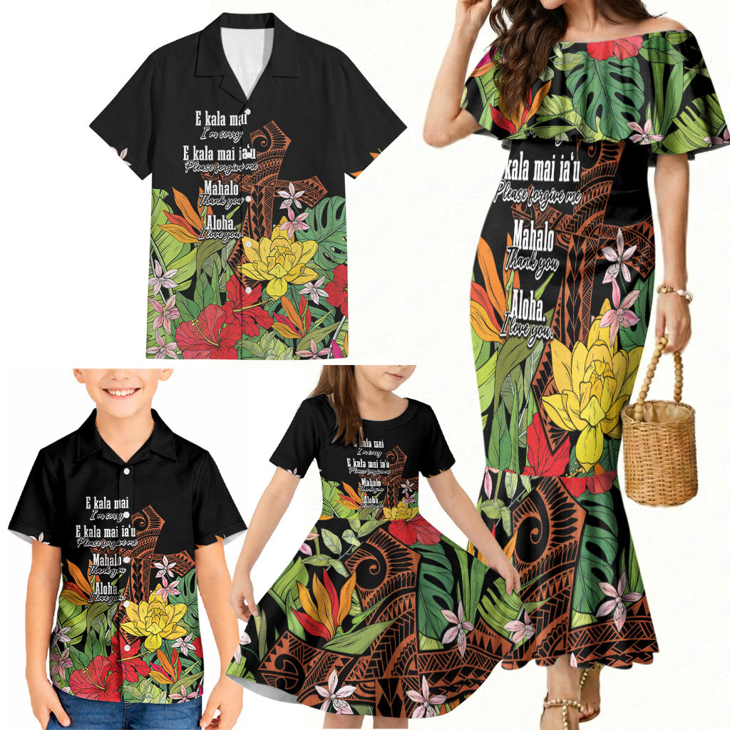 Mahalo Hawaii Ho'oponopono Pule Family Matching Mermaid Dress and Hawaiian Shirt Polynesian Pattern Cross LT7 - Polynesian Pride
