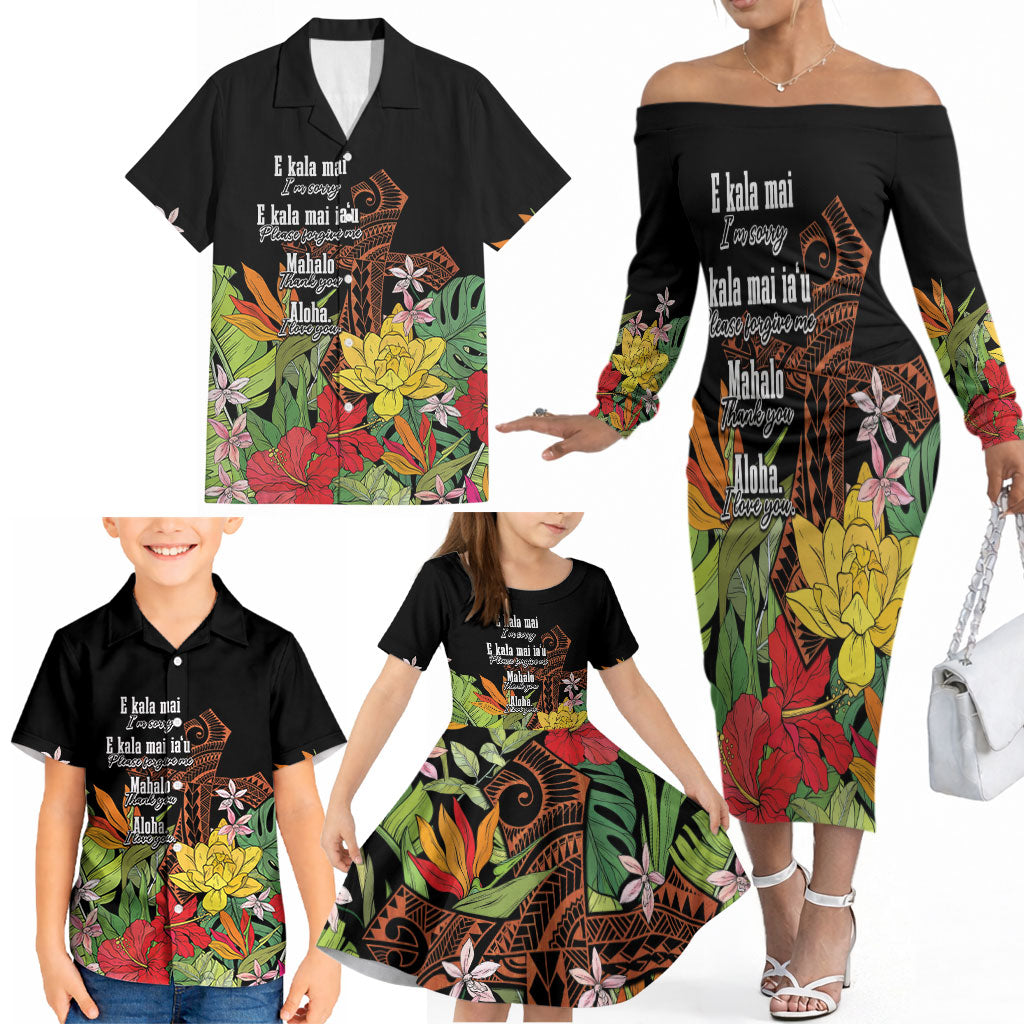Mahalo Hawaii Ho'oponopono Pule Family Matching Off The Shoulder Long Sleeve Dress and Hawaiian Shirt Polynesian Pattern Cross LT7 - Polynesian Pride