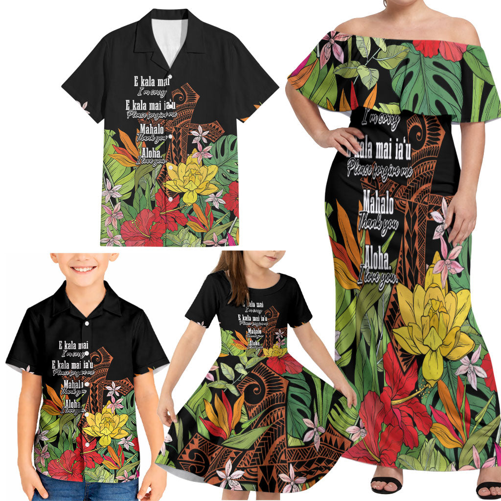 Mahalo Hawaii Ho'oponopono Pule Family Matching Off Shoulder Maxi Dress and Hawaiian Shirt Polynesian Pattern Cross LT7 - Polynesian Pride