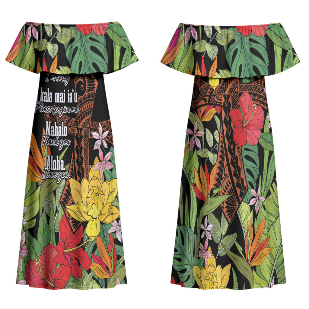 Mahalo Hawaii Ho'oponopono Pule Family Matching Off Shoulder Maxi Dress and Hawaiian Shirt Polynesian Pattern Cross LT7 Mom's Dress Black - Polynesian Pride
