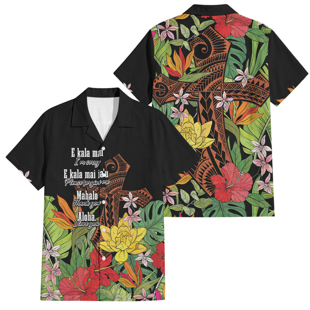 Mahalo Hawaii Ho'oponopono Pule Family Matching Off Shoulder Maxi Dress and Hawaiian Shirt Polynesian Pattern Cross LT7 Dad's Shirt - Short Sleeve Black - Polynesian Pride