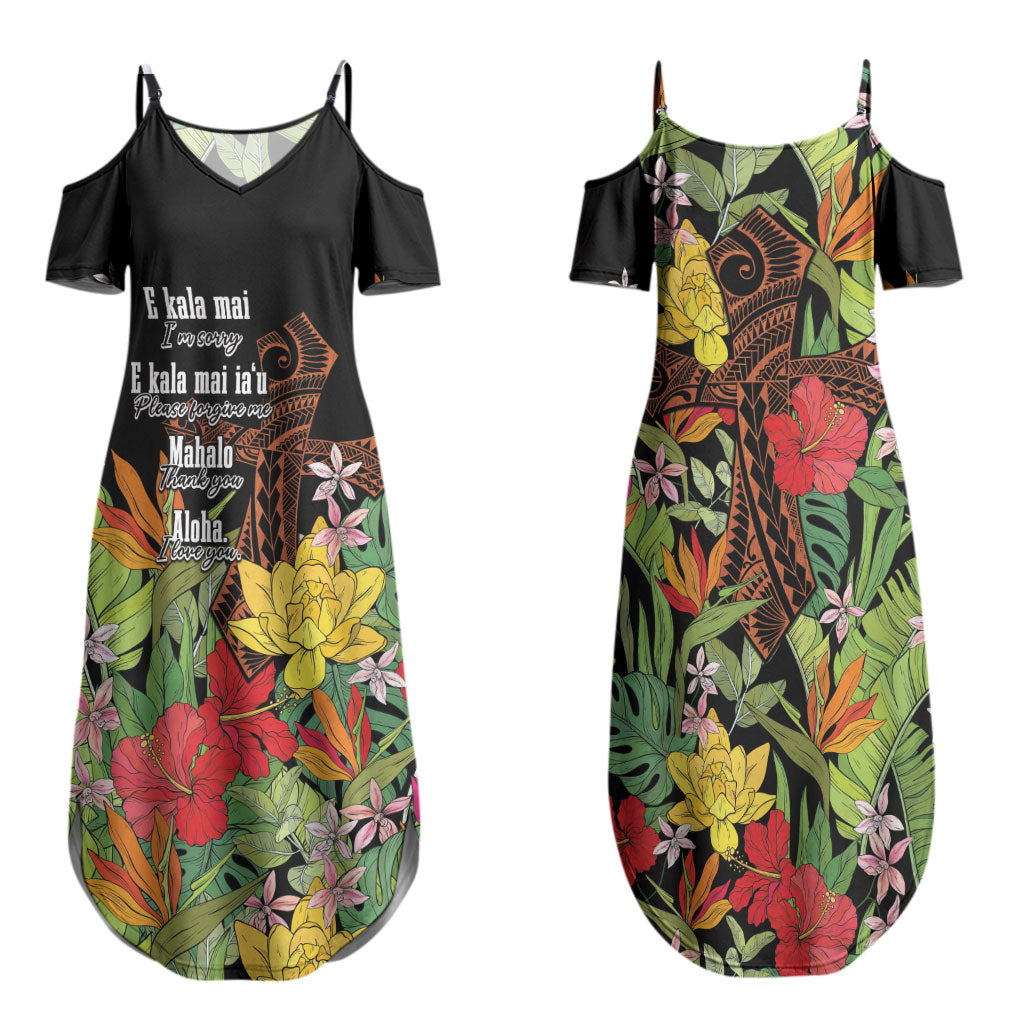 Mahalo Hawaii Ho'oponopono Pule Family Matching Summer Maxi Dress and Hawaiian Shirt Polynesian Pattern Cross LT7 Mom's Dress Black - Polynesian Pride