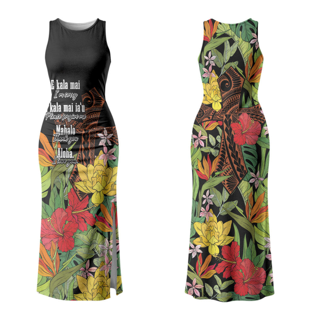 Mahalo Hawaii Ho'oponopono Pule Family Matching Tank Maxi Dress and Hawaiian Shirt Polynesian Pattern Cross LT7 Mom's Dress Black - Polynesian Pride