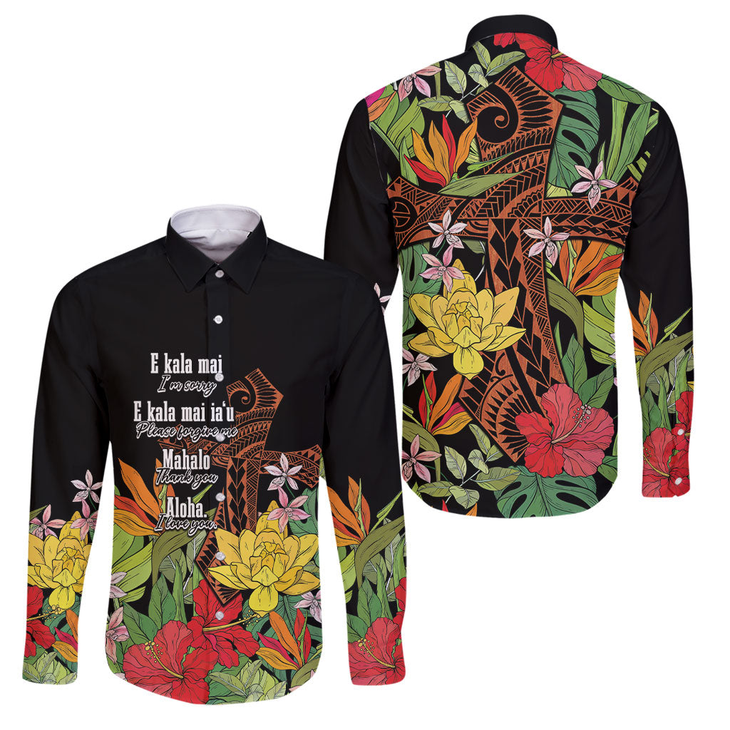 Mahalo Hawaii Ho'oponopono Pule Family Matching Tank Maxi Dress and Hawaiian Shirt Polynesian Pattern Cross LT7 Dad's Shirt - Long Sleeve Black - Polynesian Pride