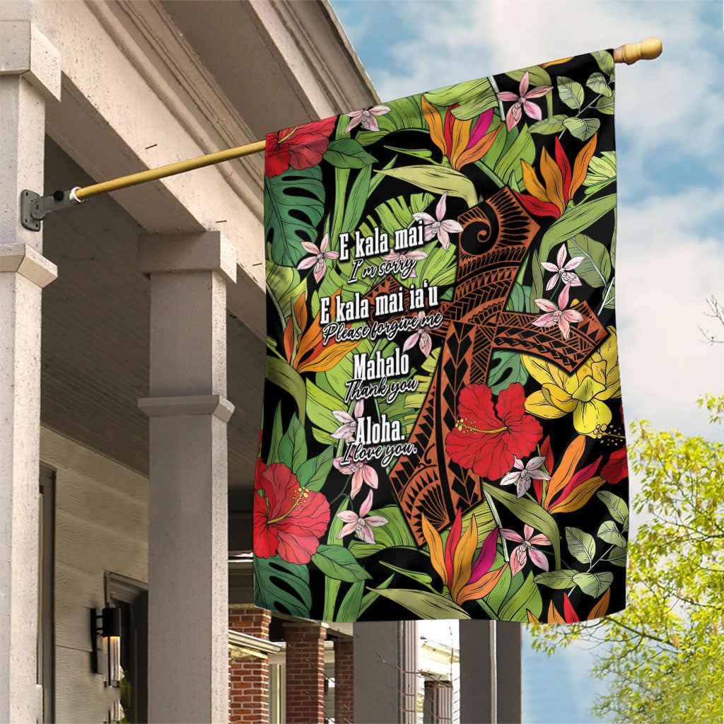 Mahalo Hawaii Ho'oponopono Pule Garden Flag Polynesian Pattern Cross LT7 House Flag Black - Polynesian Pride