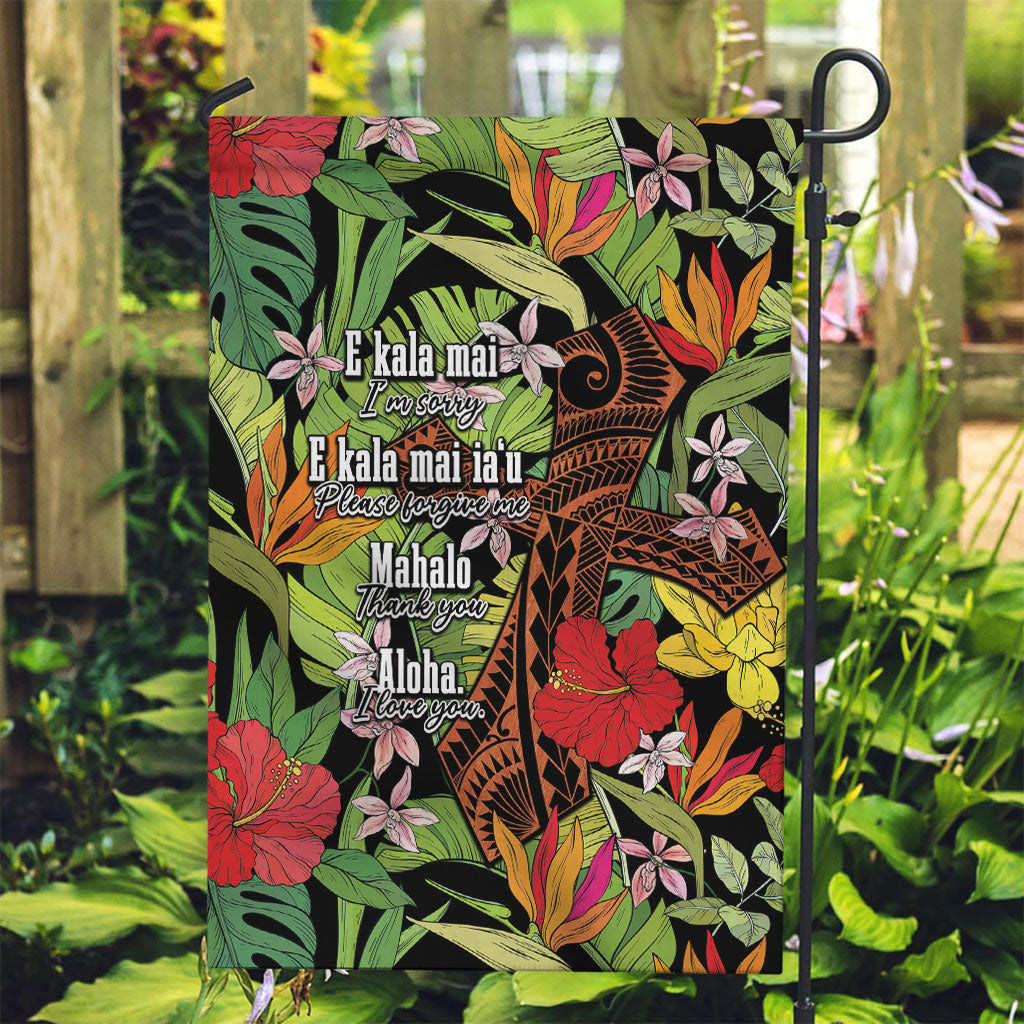 Mahalo Hawaii Ho'oponopono Pule Garden Flag Polynesian Pattern Cross LT7 Garden Flag Black - Polynesian Pride