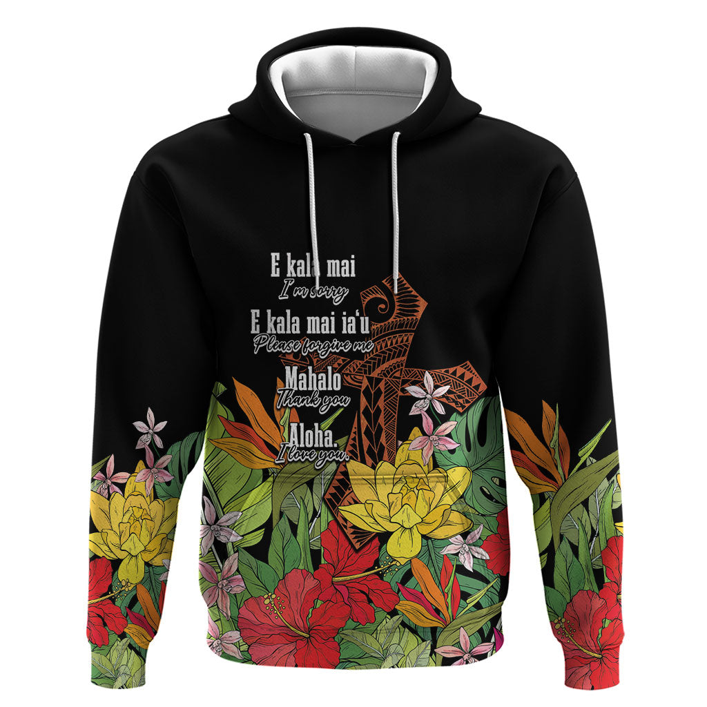 Mahalo Hawaii Ho'oponopono Pule Hoodie Polynesian Pattern Cross LT7 Pullover Hoodie Black - Polynesian Pride