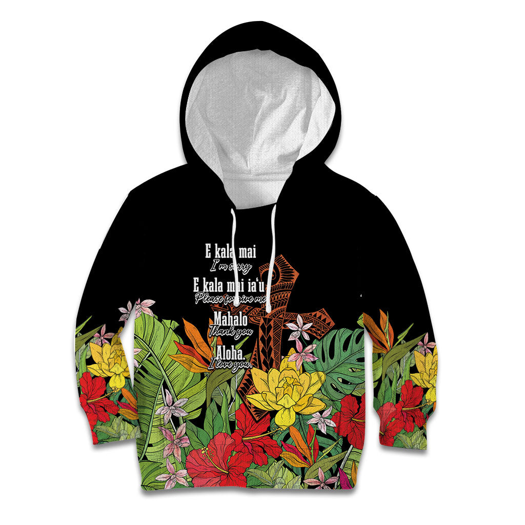 Mahalo Hawaii Ho'oponopono Pule Kid Hoodie Polynesian Pattern Cross LT7 Hoodie Black - Polynesian Pride
