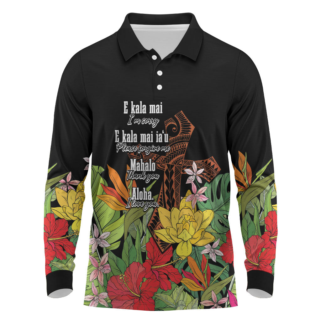 Mahalo Hawaii Ho'oponopono Pule Long Sleeve Polo Shirt Polynesian Pattern Cross LT7 Black - Polynesian Pride