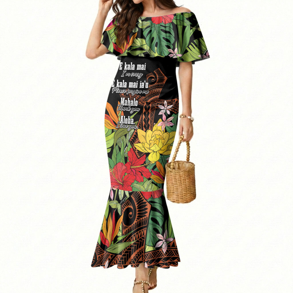 Mahalo Hawaii Ho'oponopono Pule Mermaid Dress Polynesian Pattern Cross LT7 Women Black - Polynesian Pride