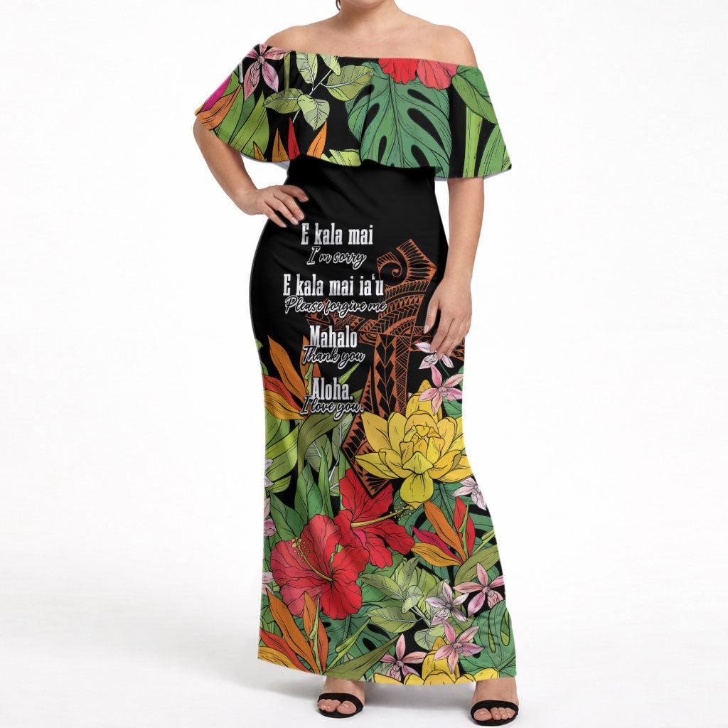 Mahalo Hawaii Ho'oponopono Pule Off Shoulder Maxi Dress Polynesian Pattern Cross LT7 Women Black - Polynesian Pride