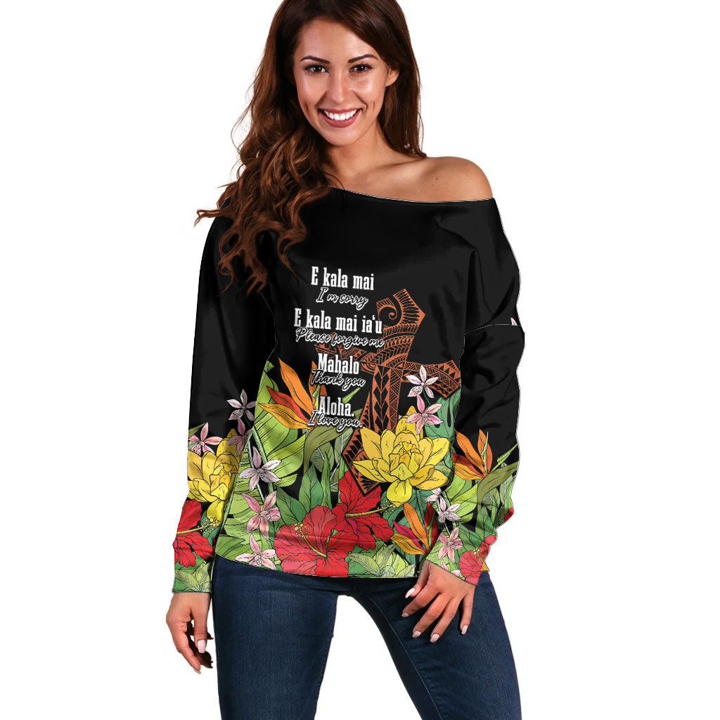 Mahalo Hawaii Ho'oponopono Pule Off Shoulder Sweater Polynesian Pattern Cross LT7 Women Black - Polynesian Pride