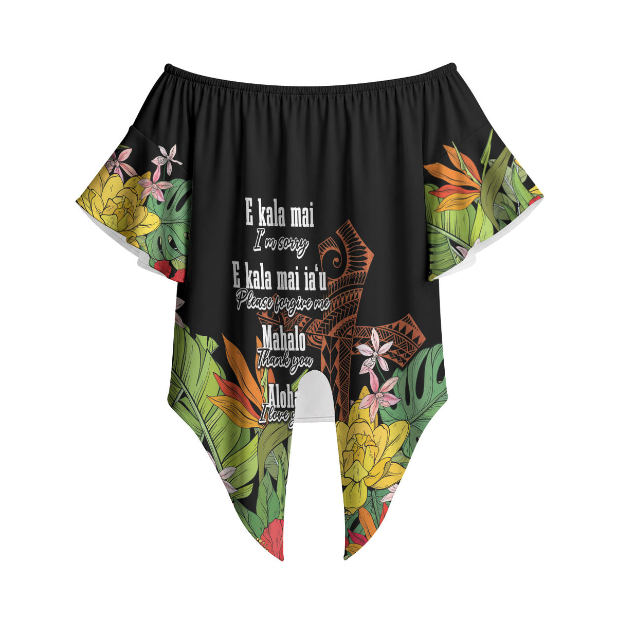 Mahalo Hawaii Ho'oponopono Pule Off Shoulder Wrap Waist Top Polynesian Pattern Cross LT7 - Polynesian Pride