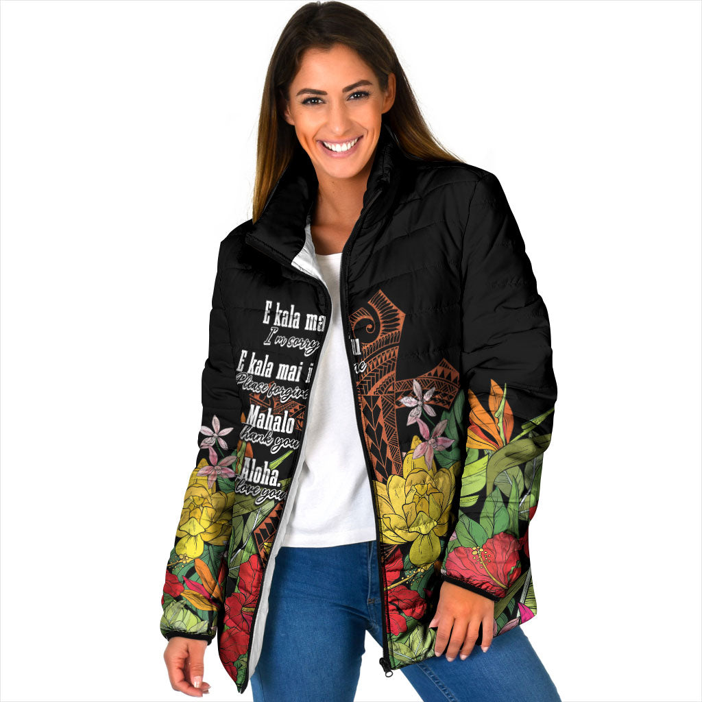 Mahalo Hawaii Ho'oponopono Pule Padded Jacket Polynesian Pattern Cross LT7 Women Black - Polynesian Pride