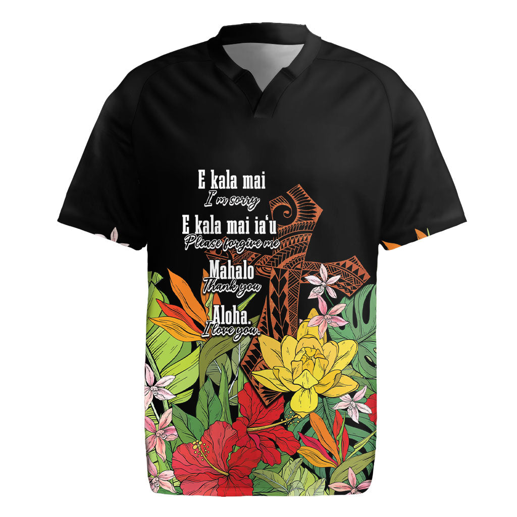 Mahalo Hawaii Ho'oponopono Pule Rugby Jersey Polynesian Pattern Cross LT7 Black - Polynesian Pride