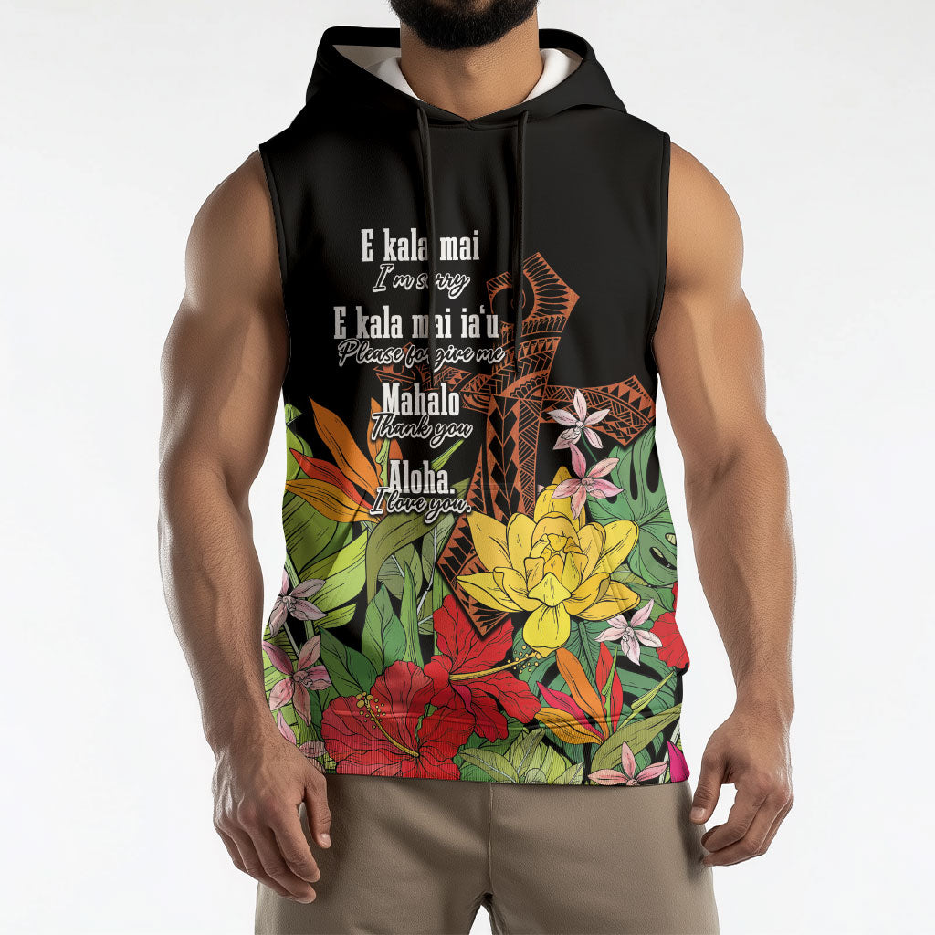 Mahalo Hawaii Ho'oponopono Pule Sleeveless Hoodie Polynesian Pattern Cross LT7 - Polynesian Pride