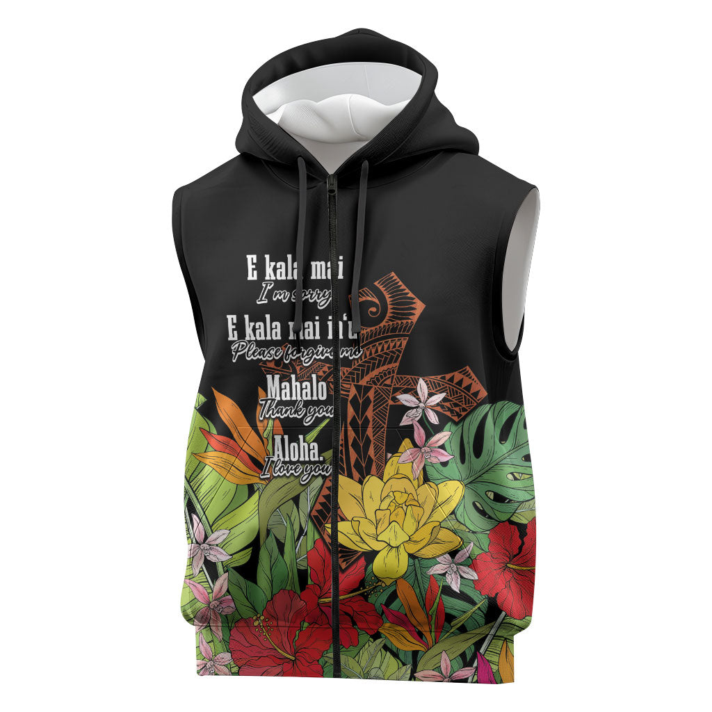 Mahalo Hawaii Ho'oponopono Pule Sleeveless Zip Hoodie Polynesian Pattern Cross LT7 Black - Polynesian Pride