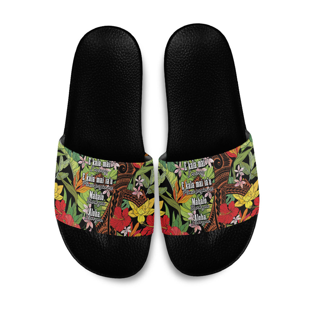 Mahalo Hawaii Ho'oponopono Pule Slide Sandals Polynesian Pattern Cross LT7 Black - Polynesian Pride