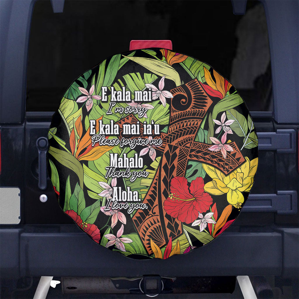 Mahalo Hawaii Ho'oponopono Pule Spare Tire Cover Polynesian Pattern Cross LT7 No hole Black - Polynesian Pride