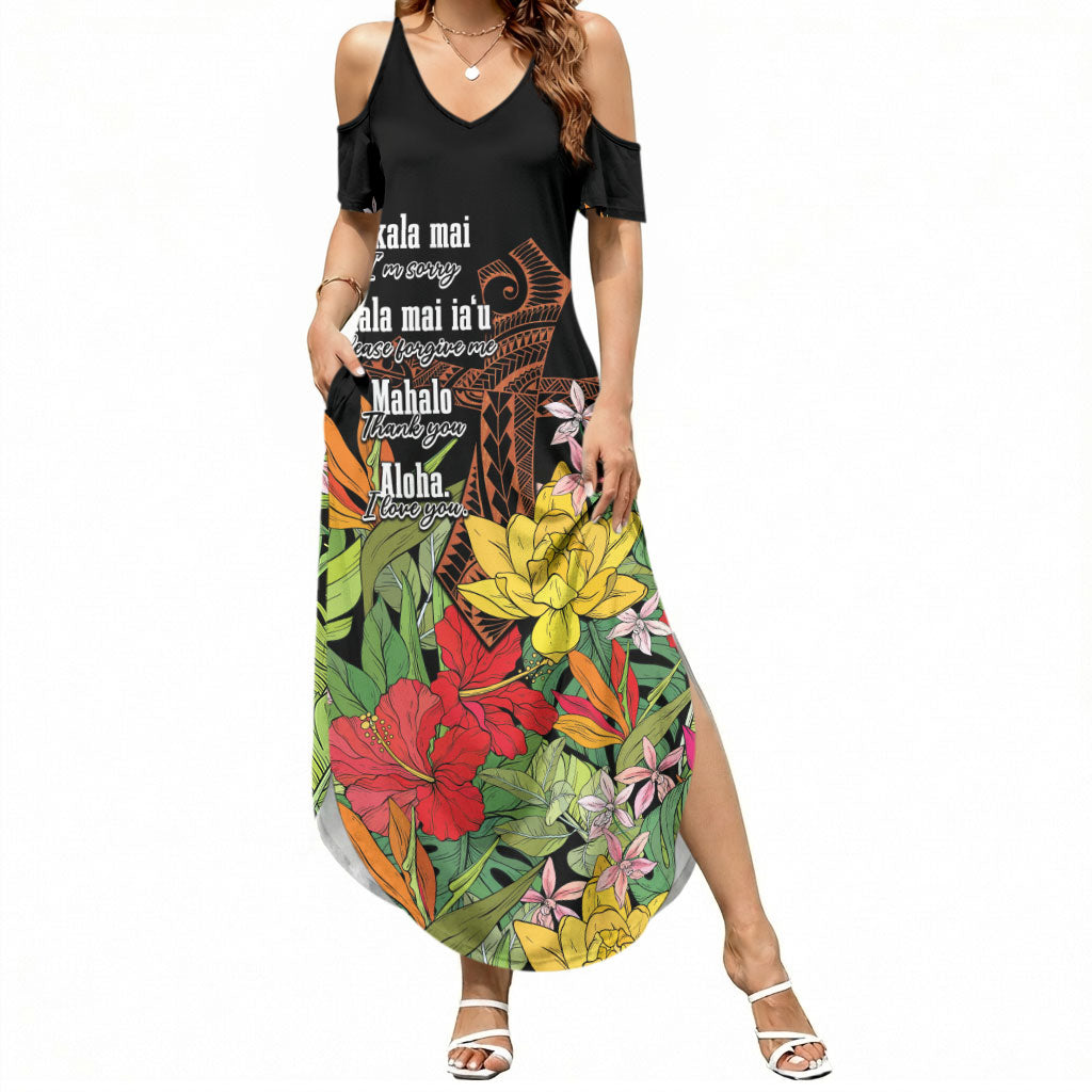 Mahalo Hawaii Ho'oponopono Pule Summer Maxi Dress Polynesian Pattern Cross LT7 Women Black - Polynesian Pride