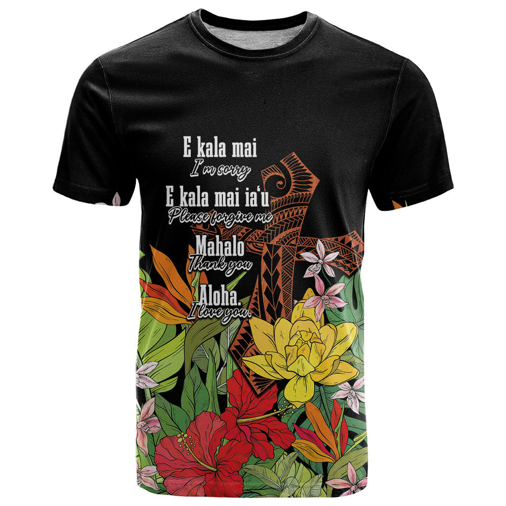 Mahalo Hawaii Ho'oponopono Pule T Shirt Polynesian Pattern Cross LT7 Black - Polynesian Pride