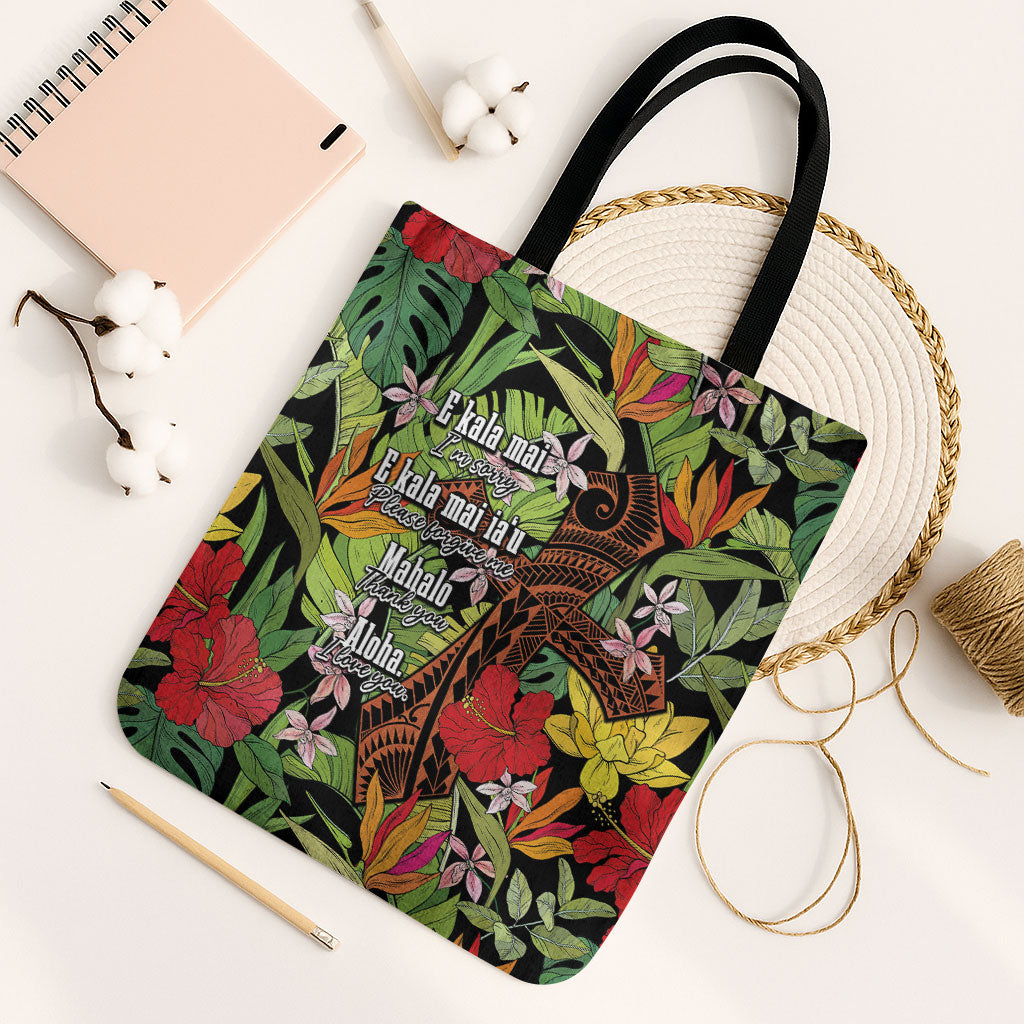 Mahalo Hawaii Ho'oponopono Pule Tote Bag Polynesian Pattern Cross