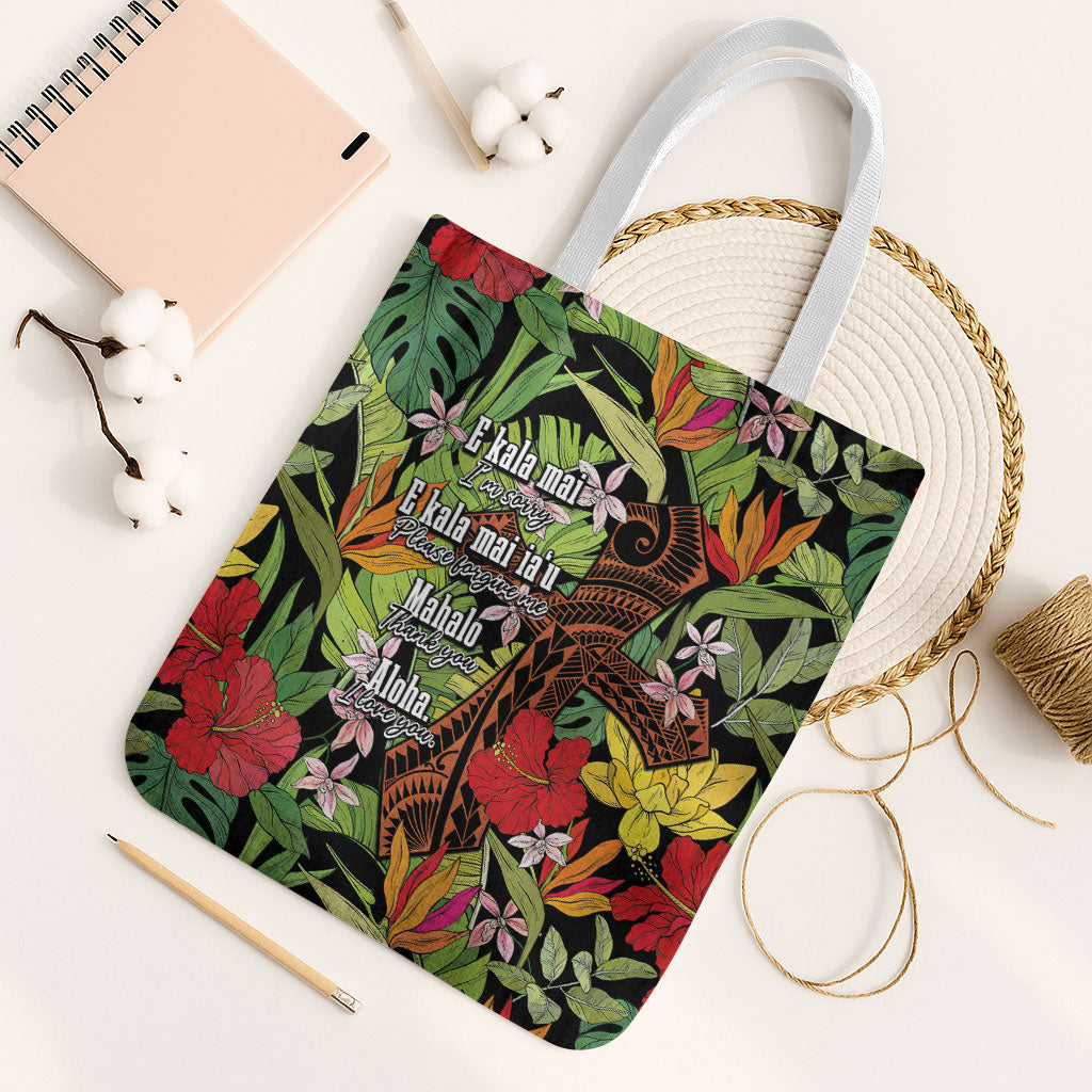 Mahalo Hawaii Ho'oponopono Pule Tote Bag Polynesian Pattern Cross