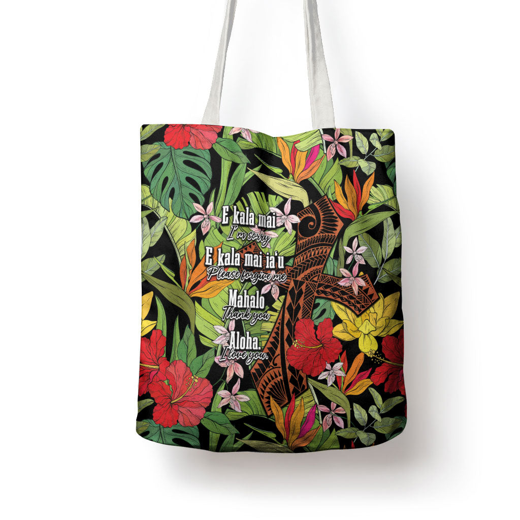 Mahalo Hawaii Ho'oponopono Pule Tote Bag Polynesian Pattern Cross