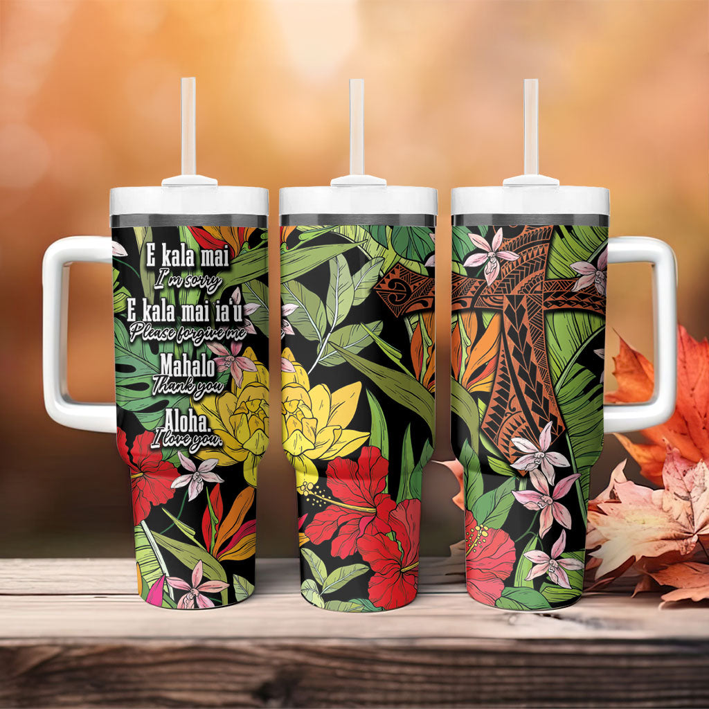 Mahalo Hawaii Ho'oponopono Pule Tumbler With Handle Polynesian Pattern Cross LT7 - Polynesian Pride