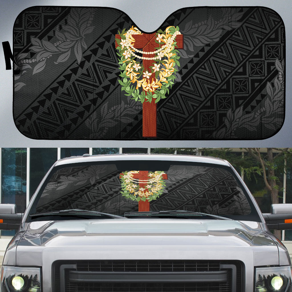 Hawaii Ka Pule a ka Haku Memorial Auto Sun Shade Flower Lei Cross - Black LT7 Black - Polynesian Pride