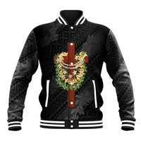 Hawaii Ka Pule a ka Haku Memorial Baseball Jacket Flower Lei Cross - Black LT7 Unisex Black - Polynesian Pride