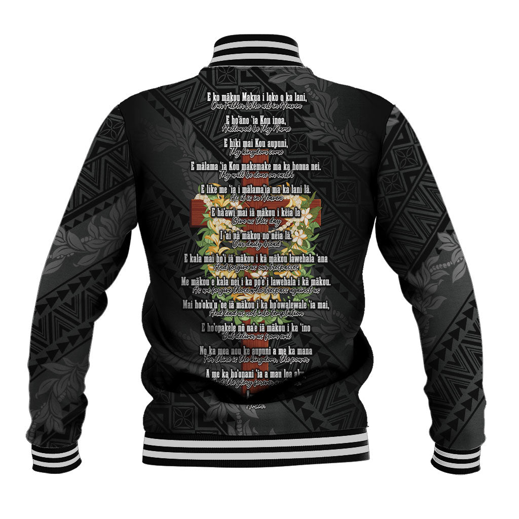 Hawaii Ka Pule a ka Haku Memorial Baseball Jacket Flower Lei Cross - Black LT7 - Polynesian Pride