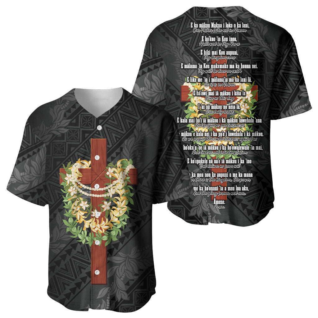 Hawaii Ka Pule a ka Haku Memorial Baseball Jersey Flower Lei Cross - Black LT7 - Polynesian Pride