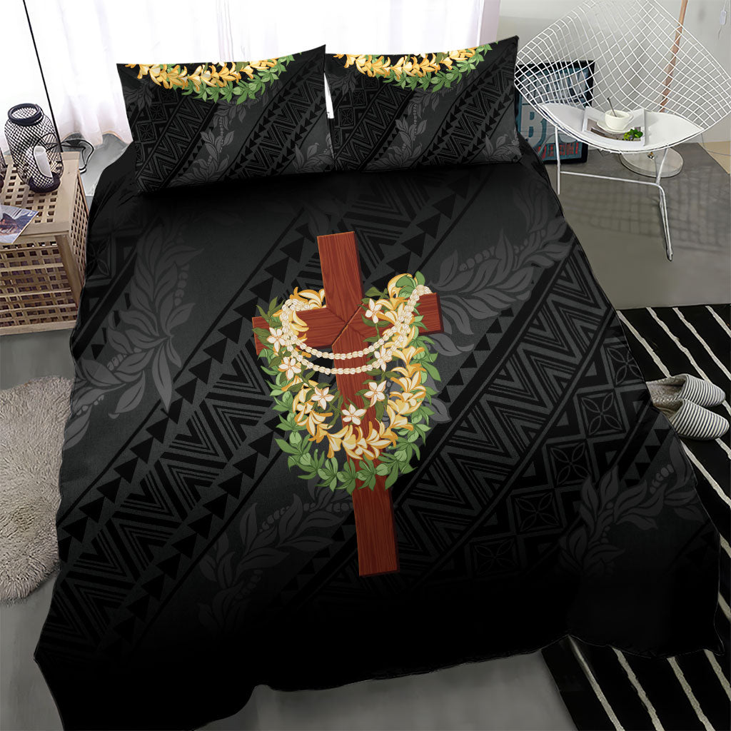 Hawaii Ka Pule a ka Haku Memorial Bedding Set Flower Lei Cross - Black LT7 - Polynesian Pride