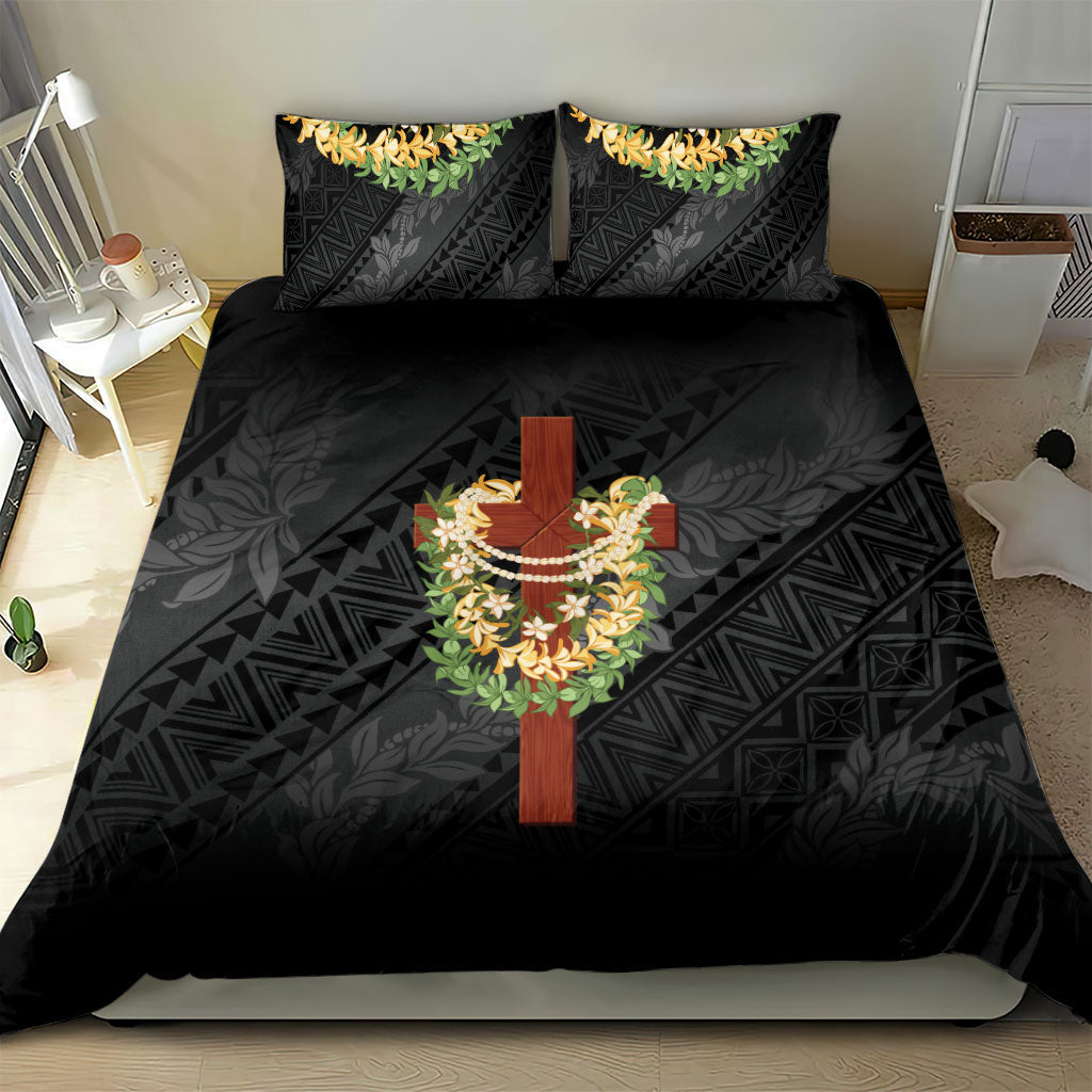 Hawaii Ka Pule a ka Haku Memorial Bedding Set Flower Lei Cross - Black LT7 - Polynesian Pride