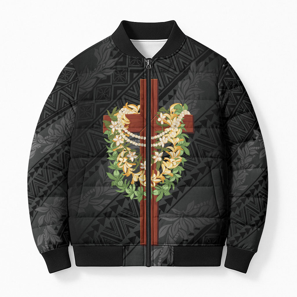 Hawaii Ka Pule a ka Haku Memorial Bomber Puffer Jacket Flower Lei Cross - Black LT7 Unisex Black - Polynesian Pride