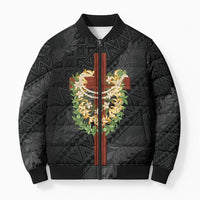 Hawaii Ka Pule a ka Haku Memorial Bomber Puffer Jacket Flower Lei Cross - Black LT7 Unisex Black - Polynesian Pride