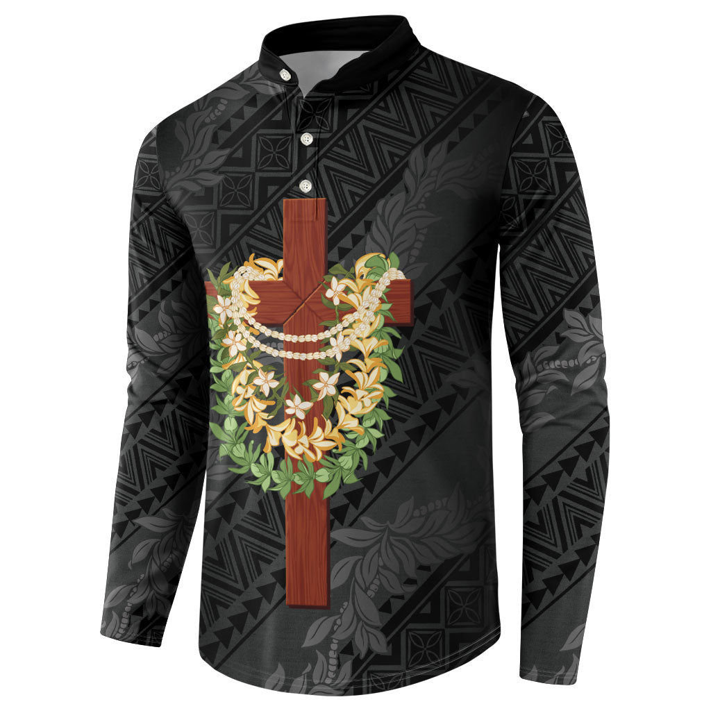 Hawaii Ka Pule a ka Haku Memorial Button Sweatshirt Flower Lei Cross - Black LT7 - Polynesian Pride