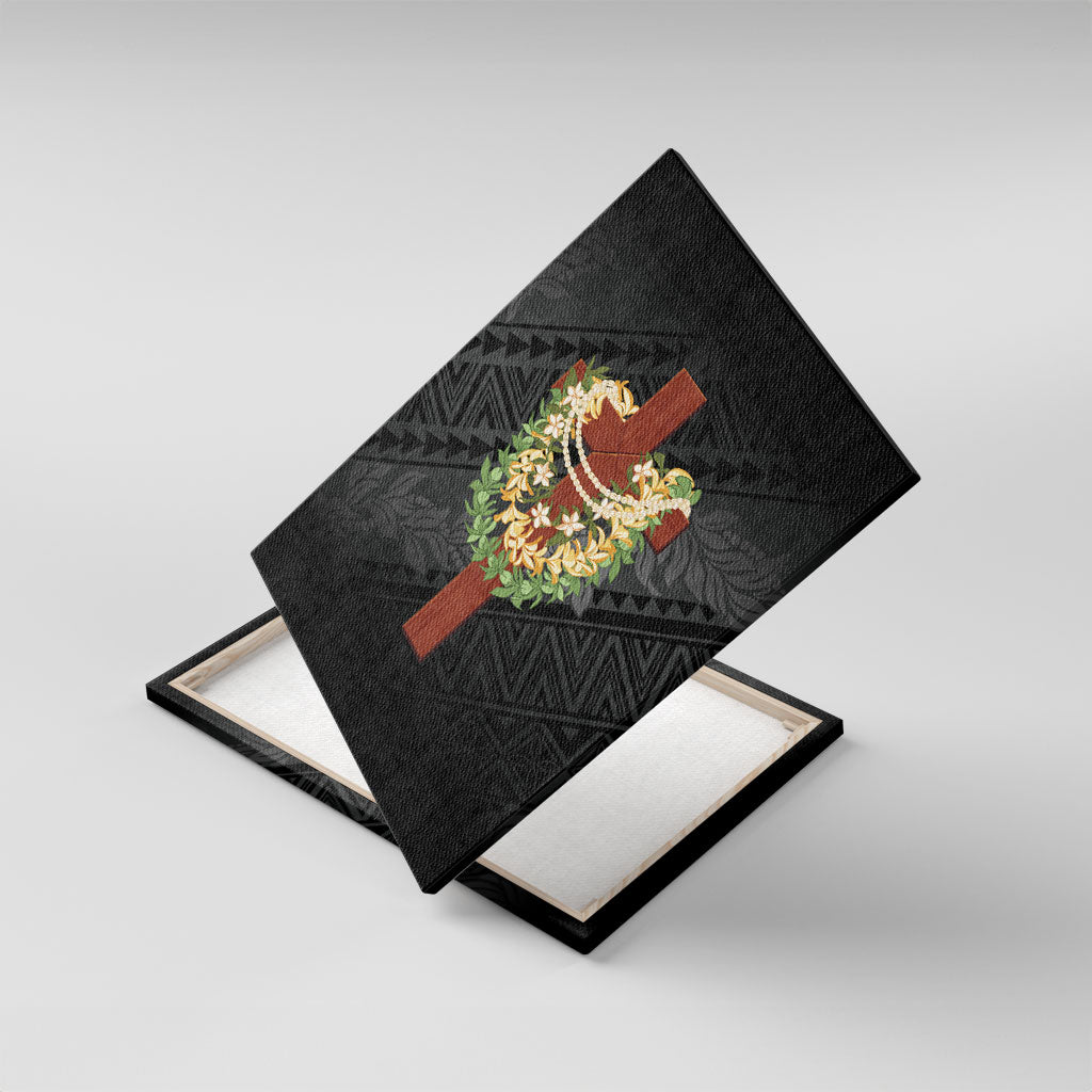 Hawaii Ka Pule a ka Haku Memorial Canvas Wall Art Flower Lei Cross - Black LT7 With Frame Black - Polynesian Pride