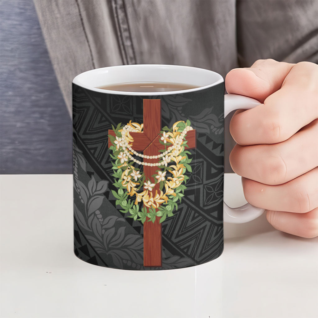Hawaii Ka Pule a ka Haku Memorial Ceramic Mug Flower Lei Cross - Black LT7 - Polynesian Pride