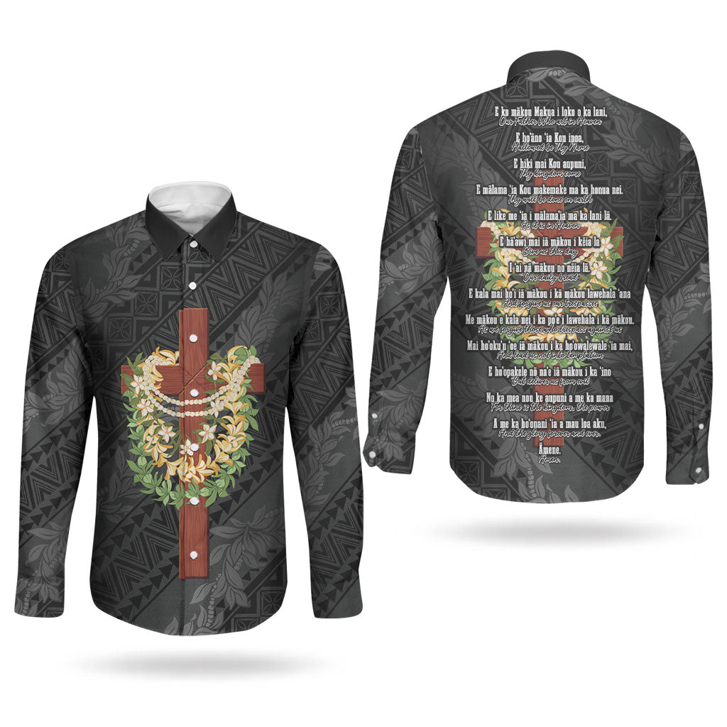 Hawaii Ka Pule a ka Haku Memorial Couples Matching Off Shoulder Maxi Dress and Long Sleeve Button Shirt Flower Lei Cross - Black LT7 - Polynesian Pride