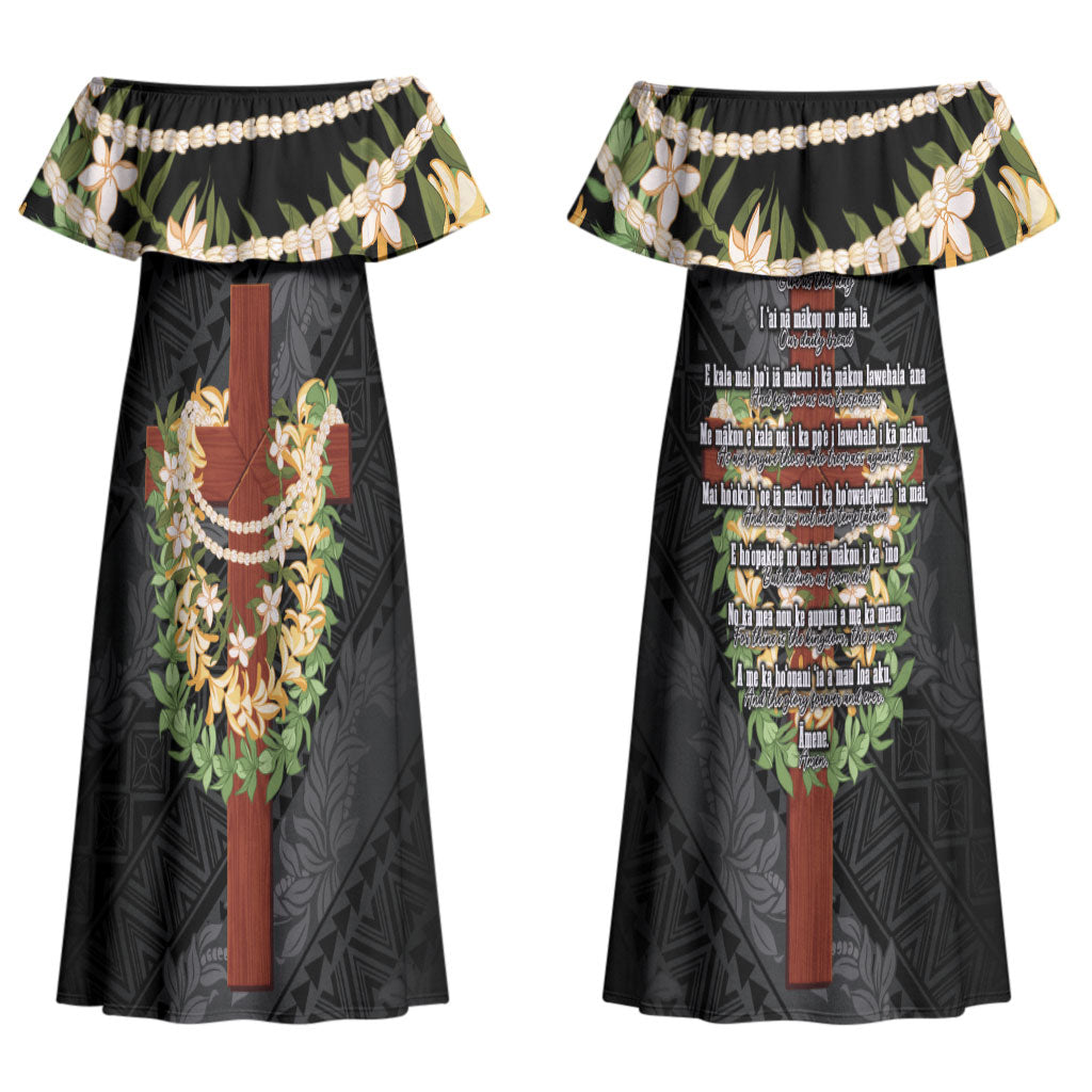 Hawaii Ka Pule a ka Haku Memorial Couples Matching Off Shoulder Maxi Dress and Long Sleeve Button Shirt Flower Lei Cross - Black LT7 - Polynesian Pride
