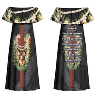 Hawaii Ka Pule a ka Haku Memorial Couples Matching Off Shoulder Maxi Dress and Long Sleeve Button Shirt Flower Lei Cross - Black LT7 - Polynesian Pride