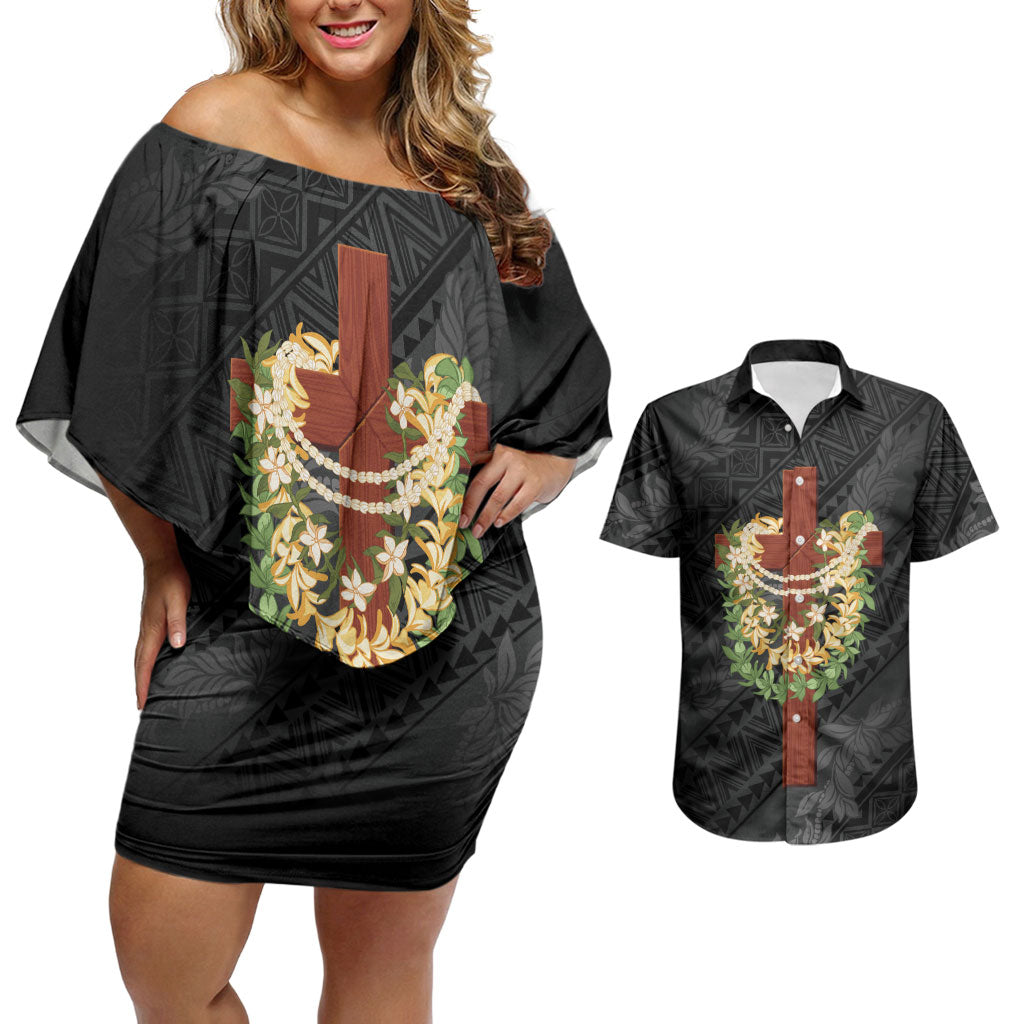 Hawaii ⁠Ka Pule a ka Haku Memorial Couples Matching Off Shoulder Short Dress and Hawaiian Shirt Flower Lei Cross - Black