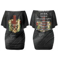 Hawaii Ka Pule a ka Haku Memorial Couples Matching Off Shoulder Short Dress and Long Sleeve Button Shirt Flower Lei Cross - Black LT7 - Polynesian Pride