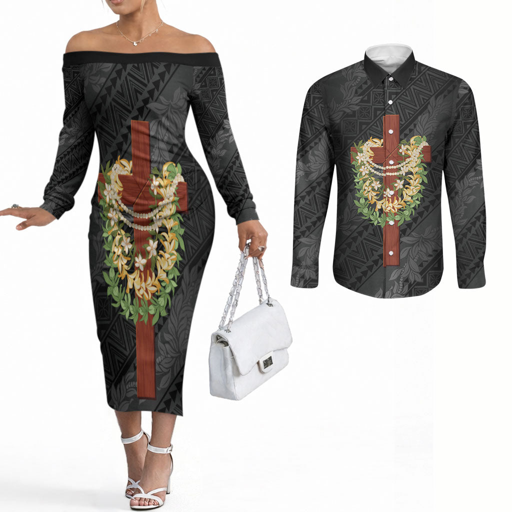 Hawaii Ka Pule a ka Haku Memorial Couples Matching Off The Shoulder Long Sleeve Dress and Long Sleeve Button Shirt Flower Lei Cross - Black LT7 Black - Polynesian Pride