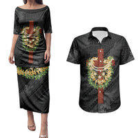 Hawaii Ka Pule a ka Haku Memorial Couples Matching Puletasi and Hawaiian Shirt Flower Lei Cross - Black LT7 Black - Polynesian Pride